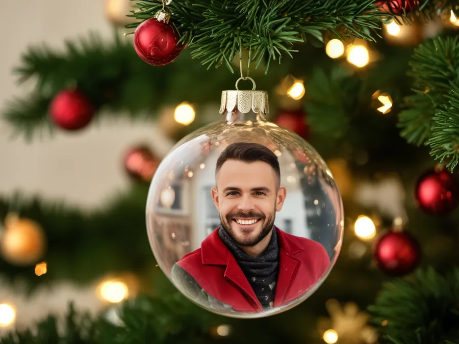 Bola de Natal transparente com a foto de um colaborador pendurada na árvore