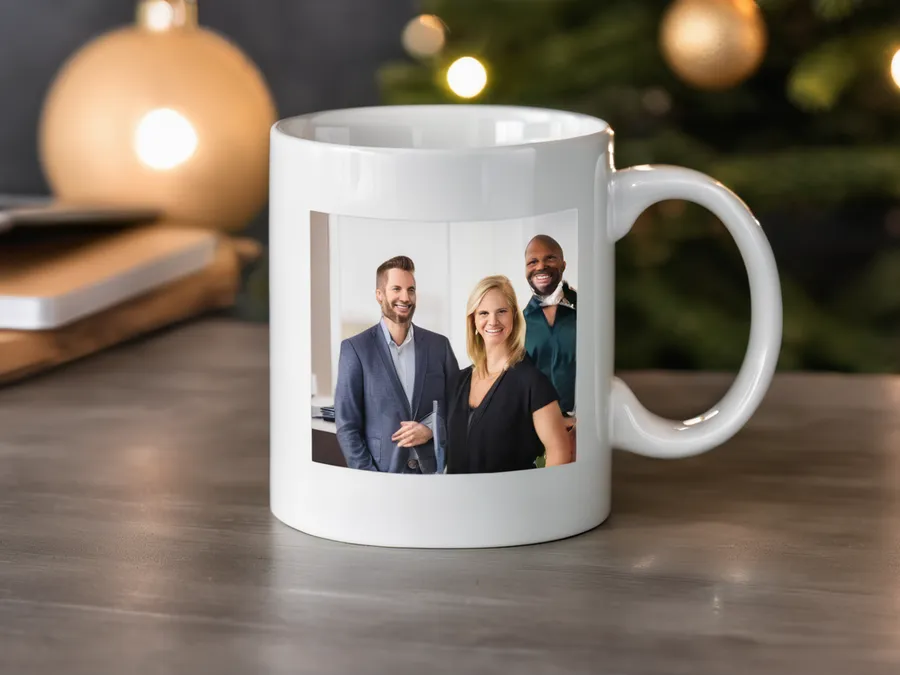 Caneca branca com a foto da equipe impressa