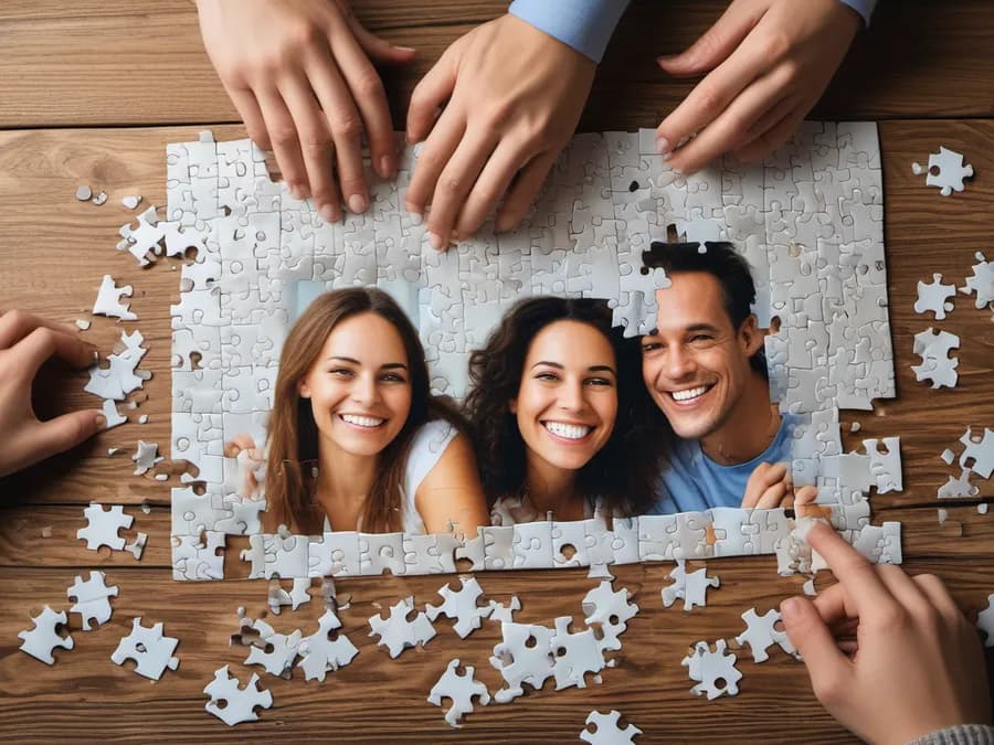 Quebra-cabeça com a foto dos colegas sendo montado