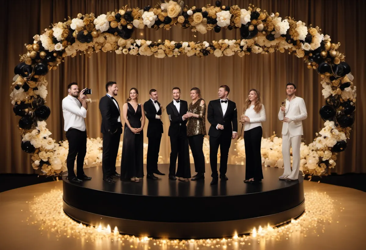 Ilustração gerada por IA de convidados de traje de gala sobre uma plataforma redonda iluminada