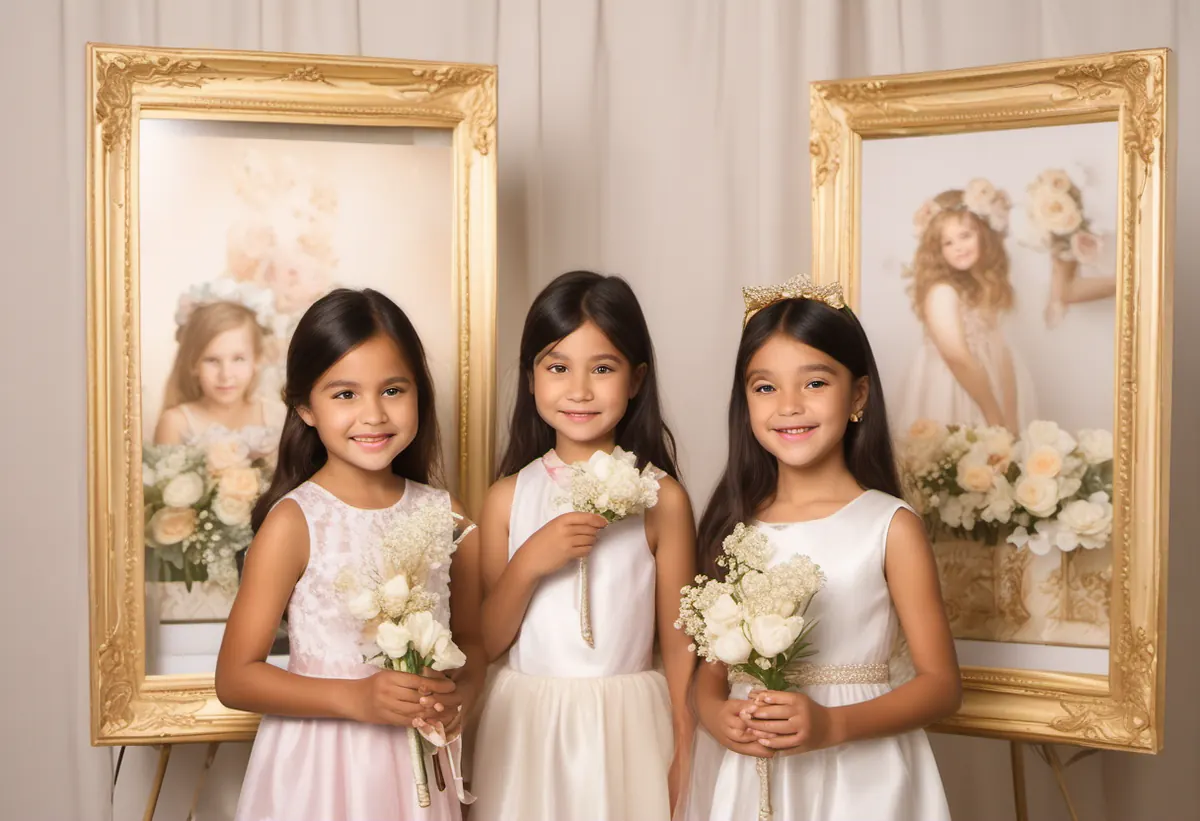 Ilustração gerada por IA de crianças com fotos impressas em uma festa infantil em tons pastel