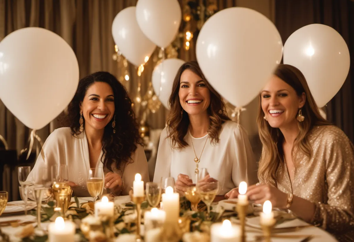 Ilustração gerada por IA de amigas sorrindo em uma festa de aniversário elegante com balões e velas