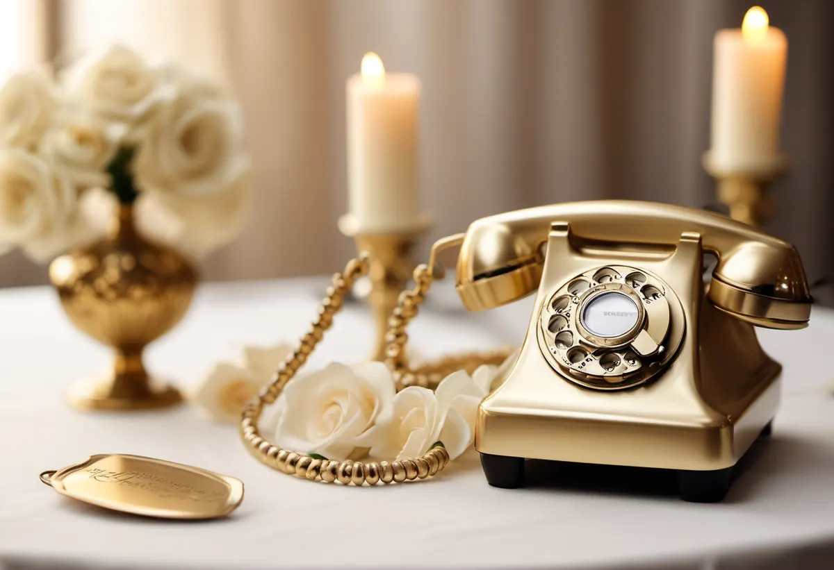 Ilustração gerada por IA de um telefone retrô dourado sobre uma mesa com flores em um casamento