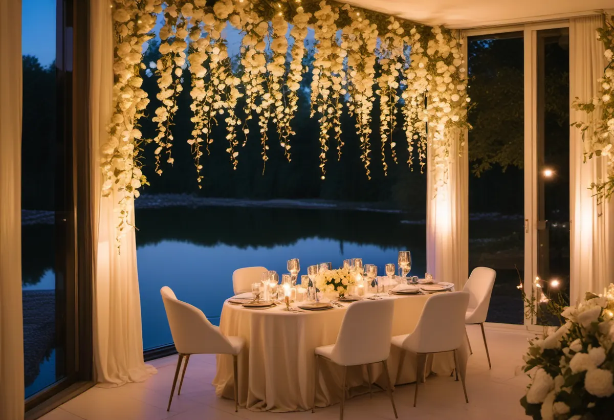 Ilustração gerada por IA de um jantar em casa à beira do lago com espelho mágico na varanda