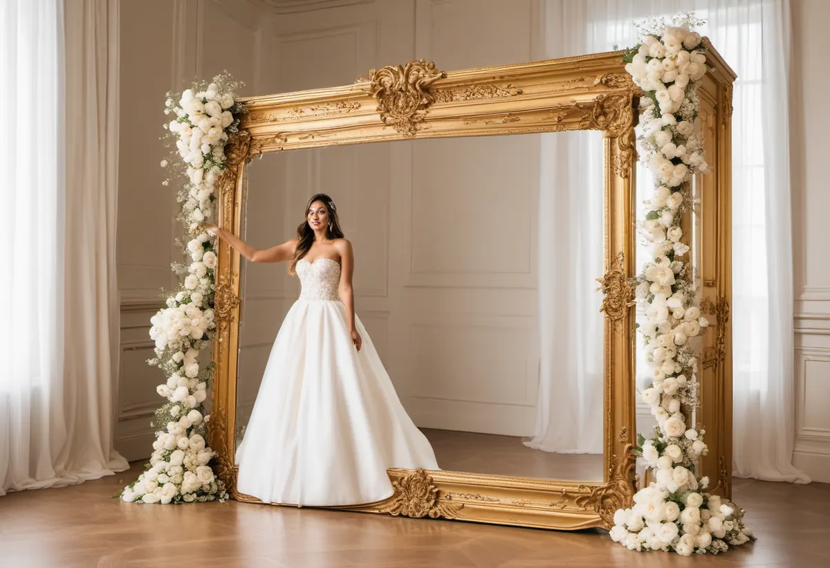 Ilustração gerada por IA de um espelho mágico e uma cabine de fotos lado a lado em um casamento