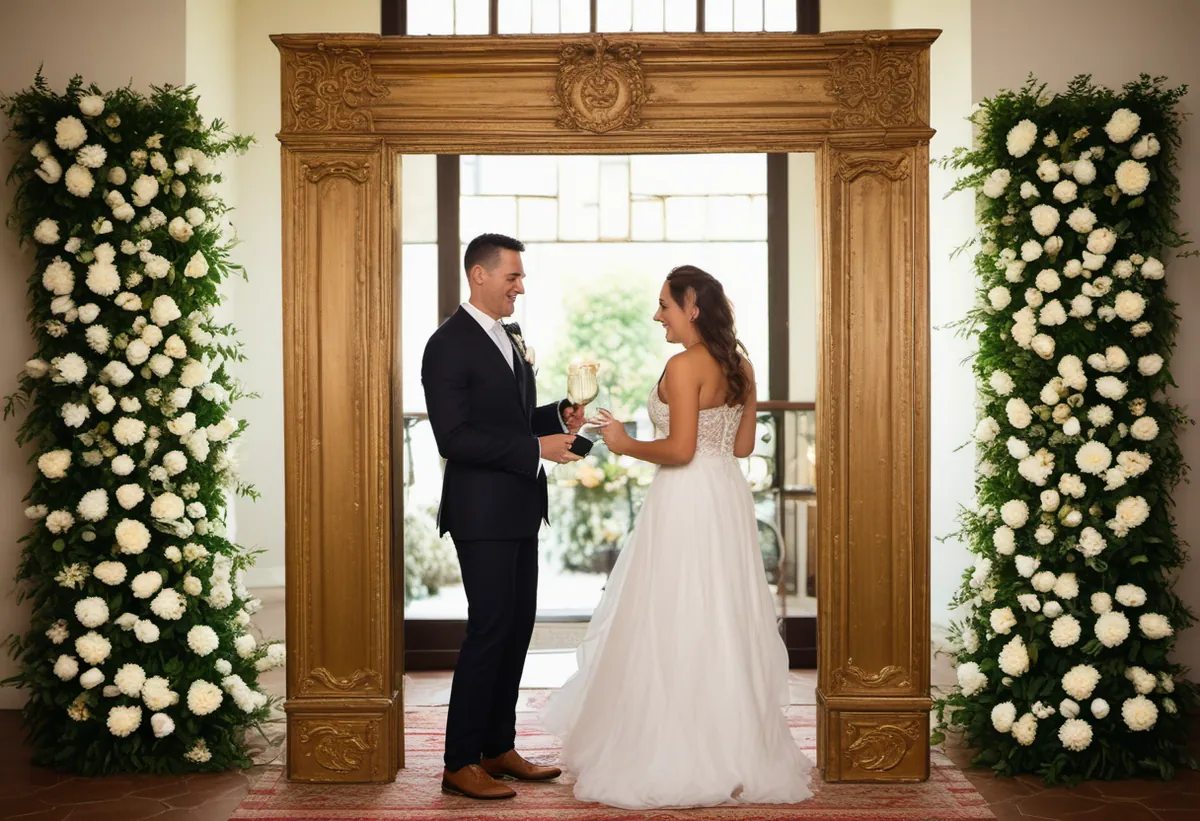 de um espelho fotográfico com moldura de madeira na varanda de uma chácara decorada para casamento