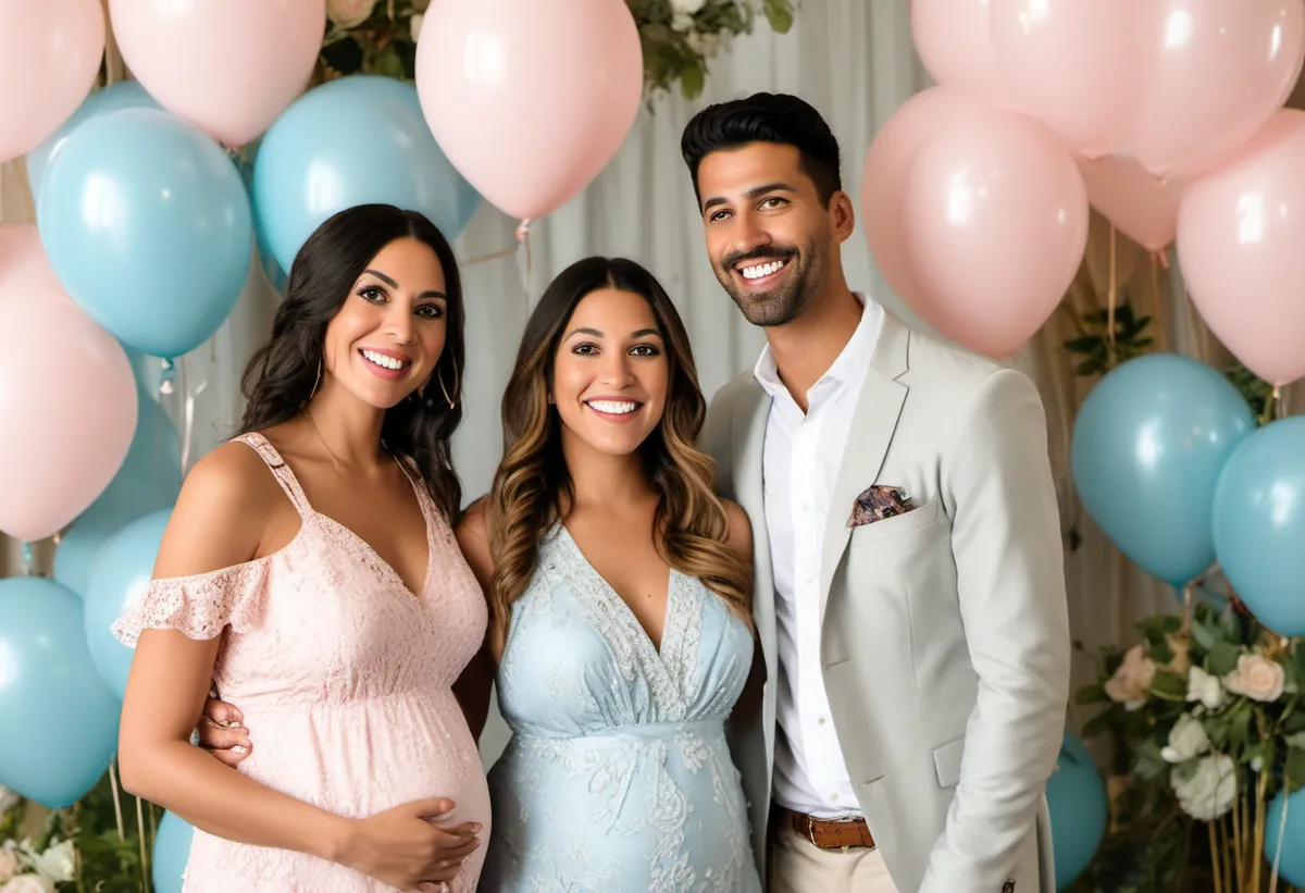 de um casal à espera do bebê diante de um espelho fotográfico decorado com balões rosa e azul num chá revelação