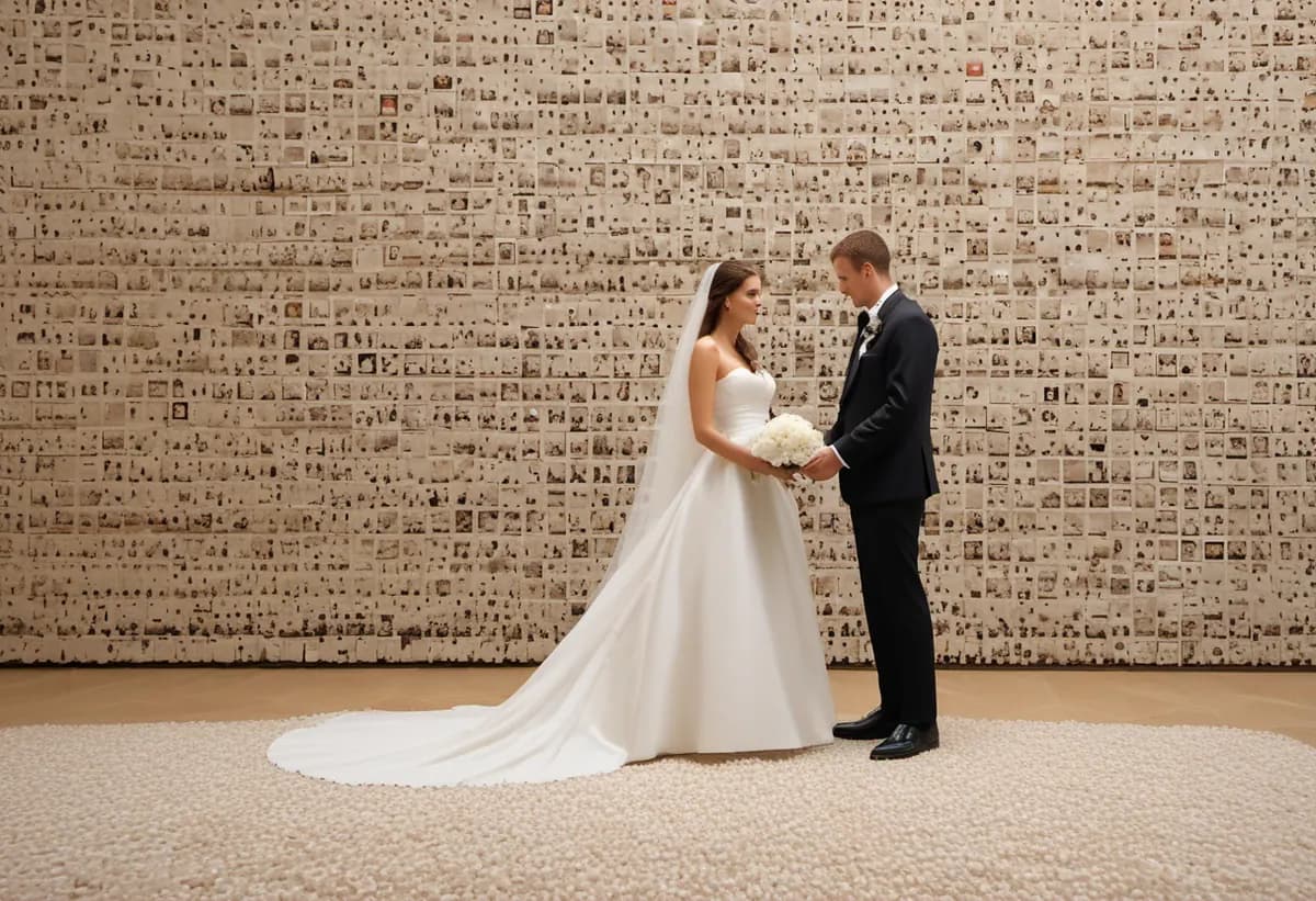 Ilustração gerada por IA de um painel de foto mosaico formado por fotos de convidados em um casamento