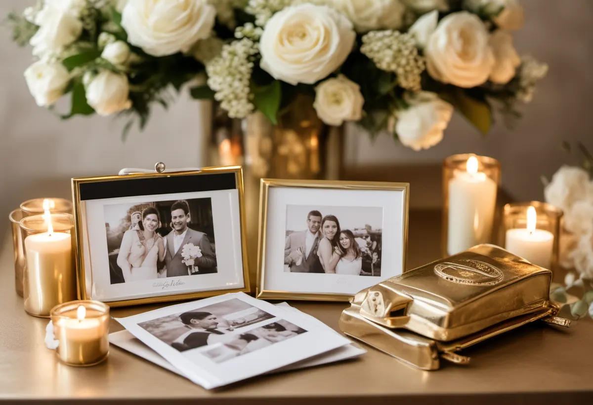 Ilustração gerada por IA de uma mesa de lembranças de casamento com fotos, chaveiros e ímãs