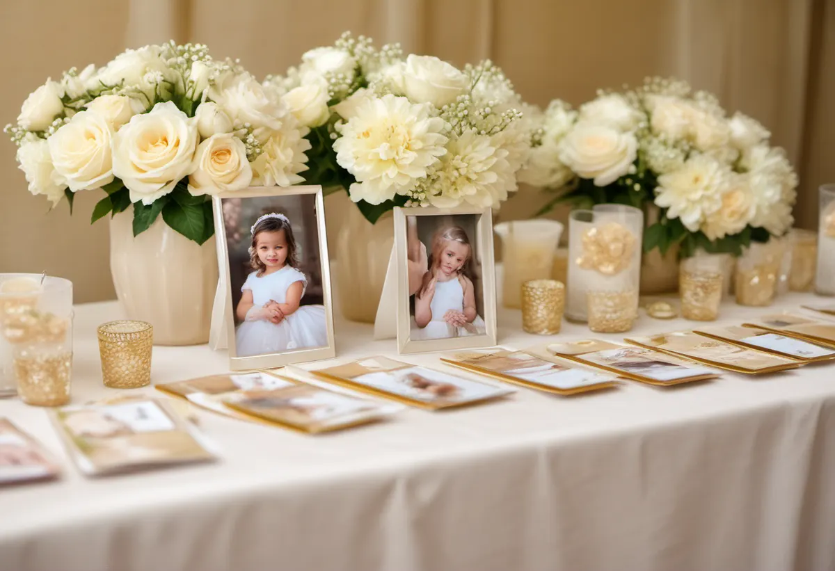 Ilustração gerada por IA de uma mesa de lembrancinhas com fotos de crianças em festa infantil