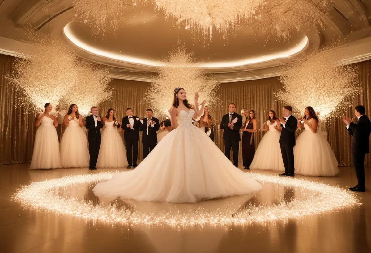 Ilustração gerada por IA de uma debutante na plataforma 360 com túnel de LED ao fundo