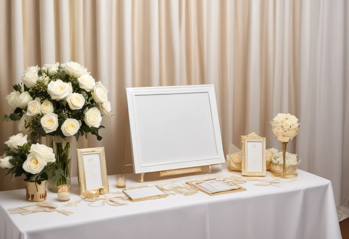 Ilustração gerada por IA de uma cabine de fotos elegante com fotos impressas sobre a mesa