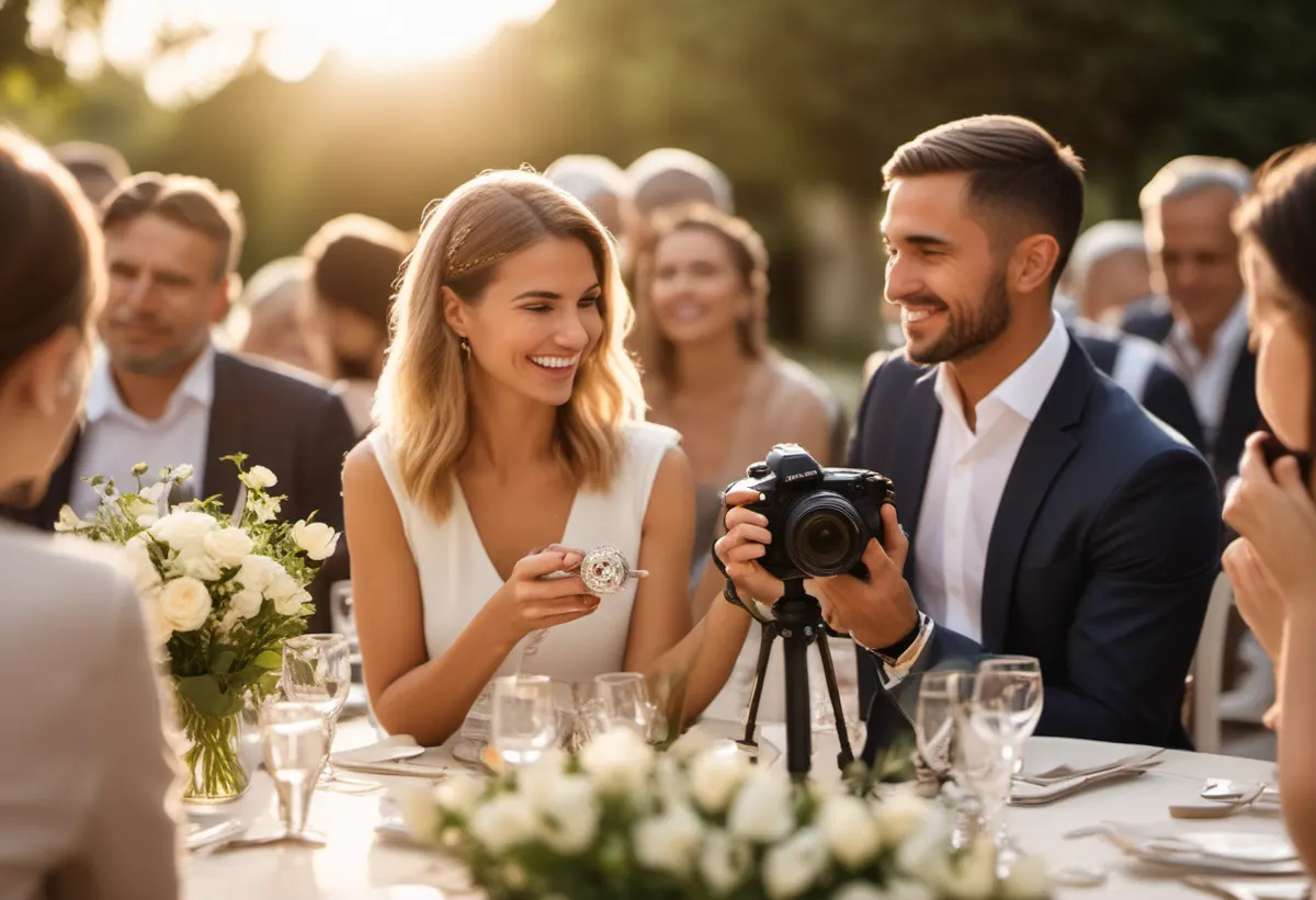 Ilustração gerada por IA de um fotógrafo fotografando convidados à mesa de um jantar