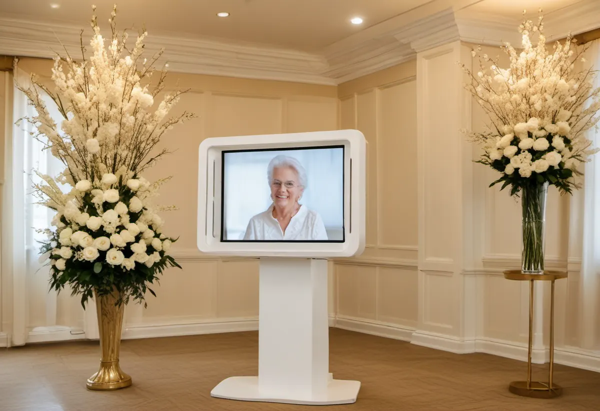 Ilustração gerada por IA de um totem de vídeo depoimento em um salão decorado com flores brancas